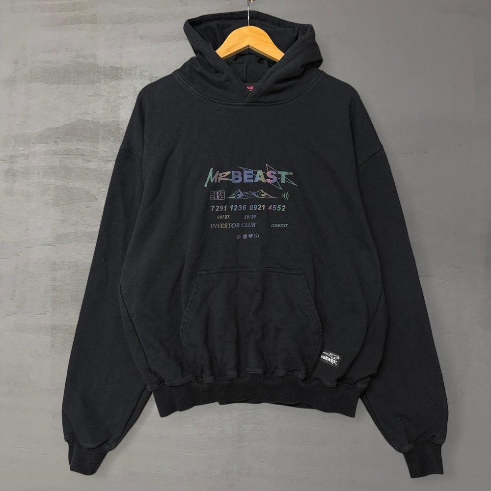MrBeast‎ Hoodie Black Investor Club Holographic Graphic Pullover Large